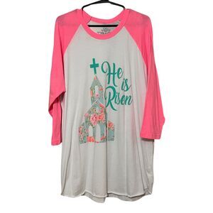 CRAZY TRAIN WOMEN'S PINK AND WHITE RAGLAN HE IS RISEN FLORAL CHURCH T-SHIRT